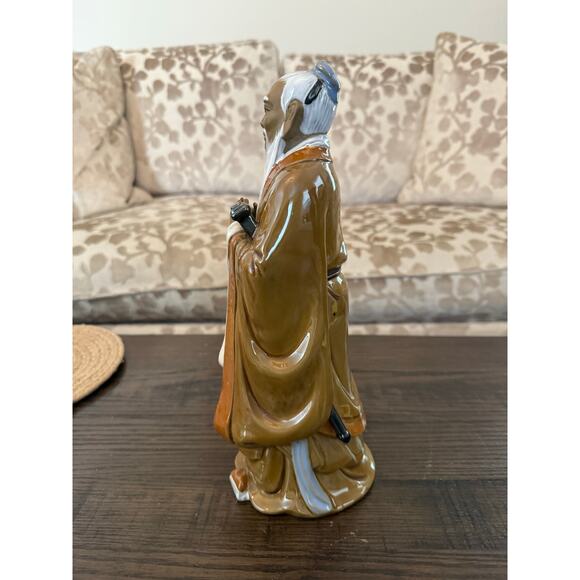 Chinese Shiwan Art Pottery Mudman Confucius with Walking Stick, 11.5” - Picture 5 of 8